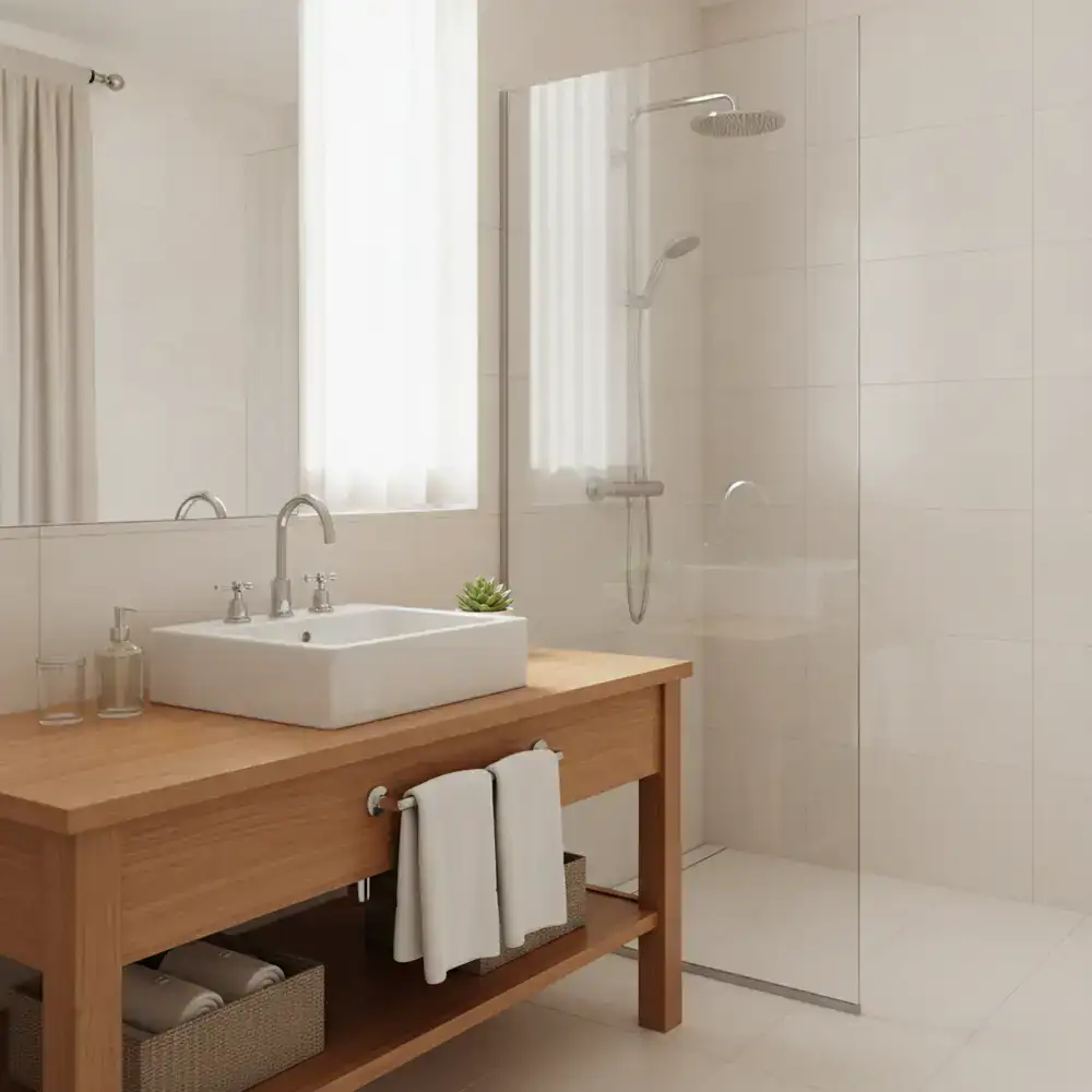 Gleaming bathroom vanity and streak-free shower glass