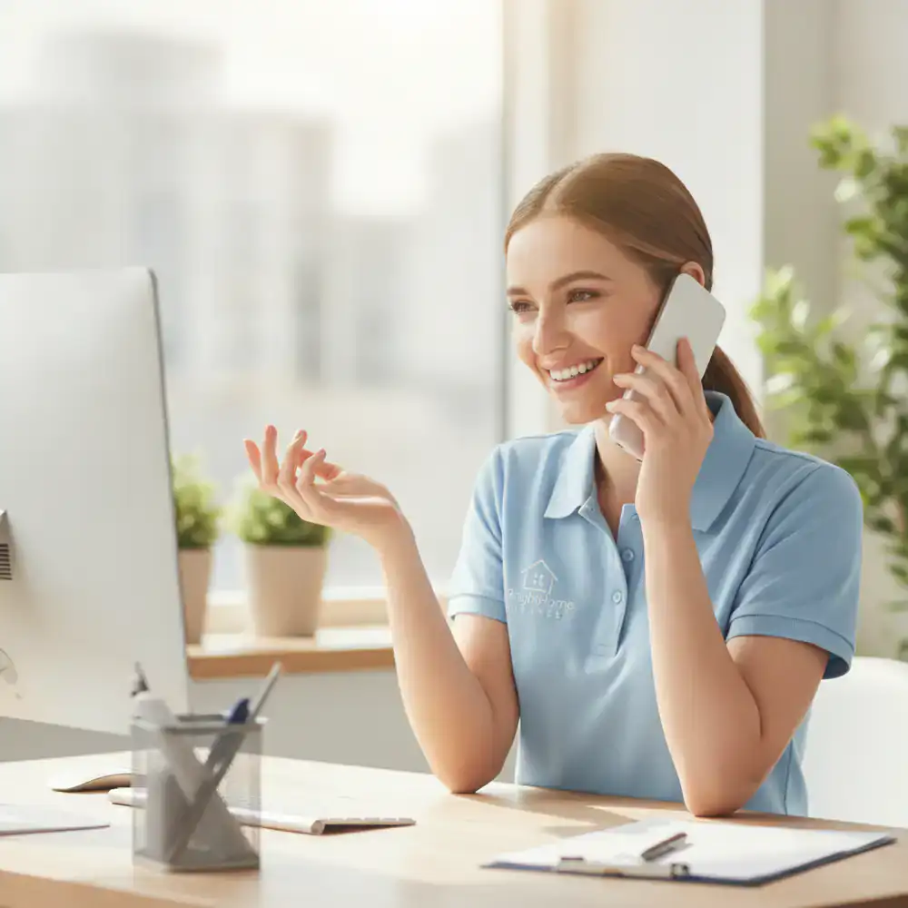 Friendly BrightHome Cleaners staff member answering a phone call