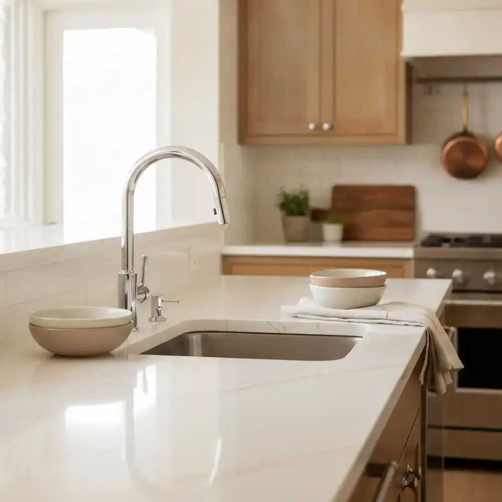 A sparkling clean kitchen counter showing our quality standard