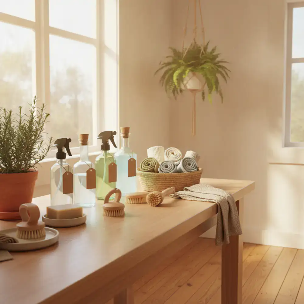 Neatly arranged eco-friendly cleaning supplies in a sunny room