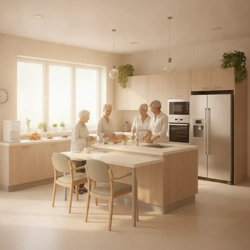 A brightly lit, clean kitchen emphasizing residential care